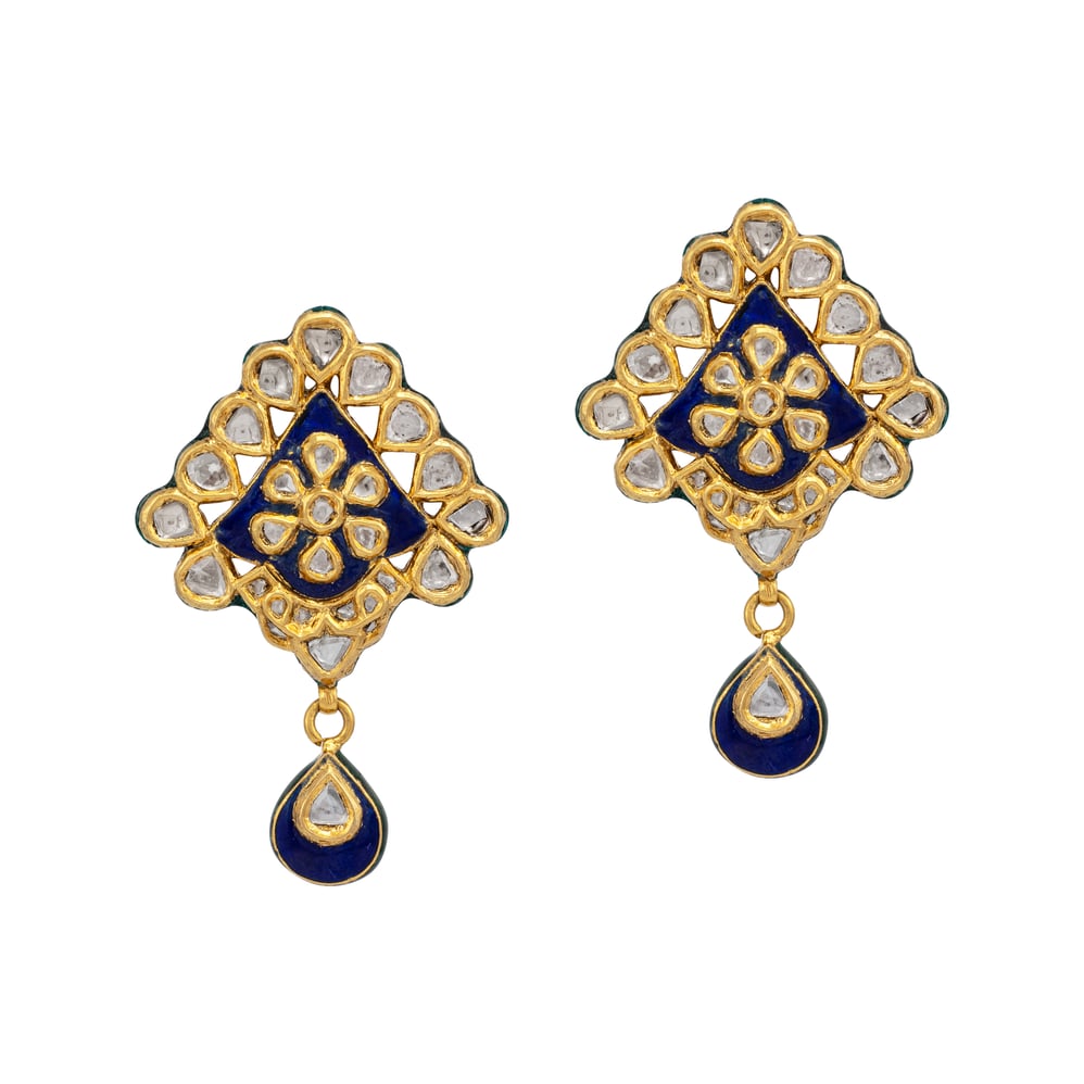 Blue Enamel Polki Drop Earring with Floral Jadau
